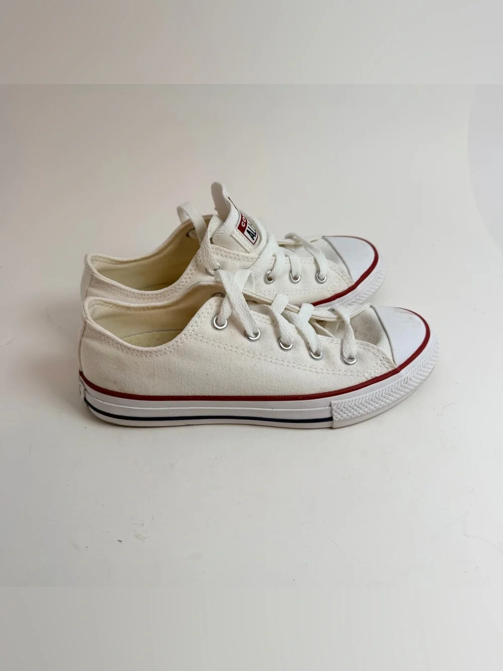 Converse Kids White Low-Top Canvas Sneakers with Red and Black Stripes